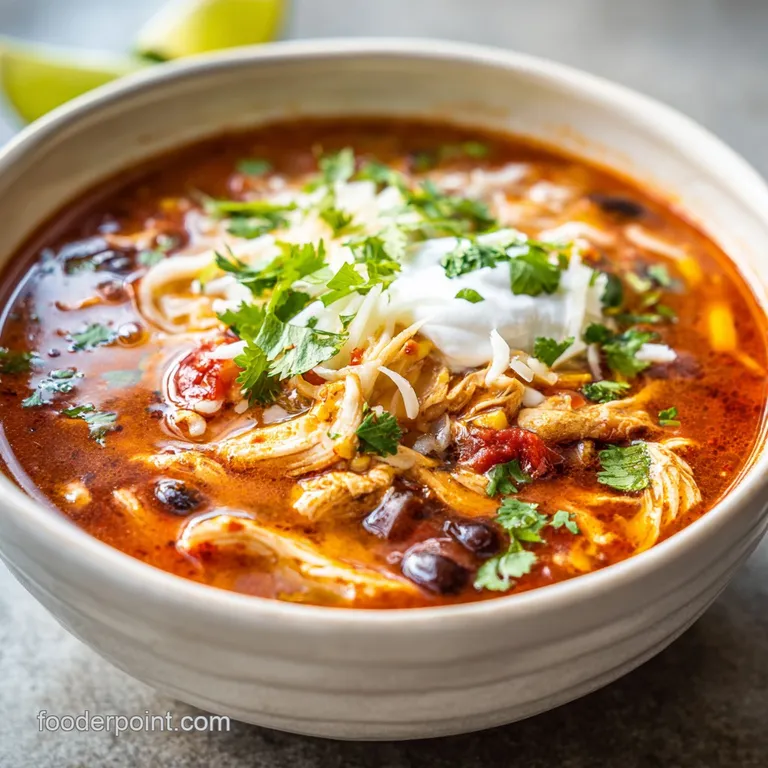 Creamy chicken taco soup in a rustic bowl. Garnished with a dollop of sour cream, vibrant green cilantro, & crispy tortill...