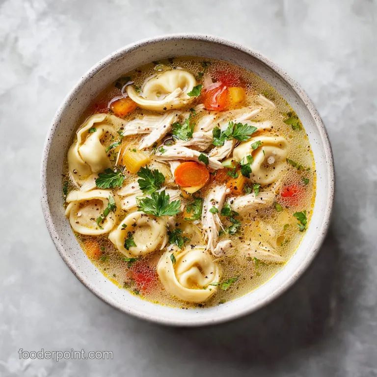 Creamy chicken tortellini soup in a white bowl. Garnished with fresh parsley and a swirl of cream. Warmth radiates from th...