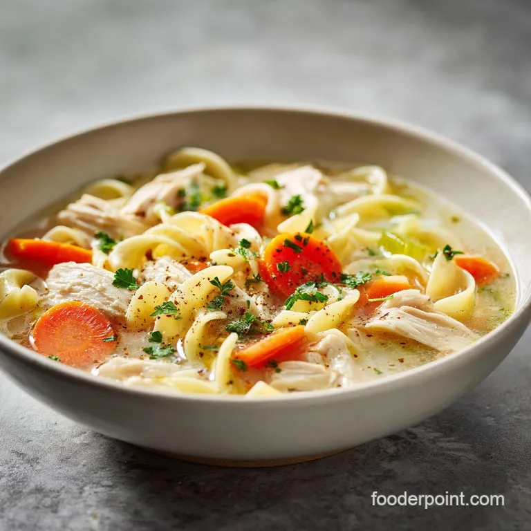 Elegant bowl of creamy chicken noodle soup with fresh herbs, glistening broth, and noodles peeking through. Comfort in a b...