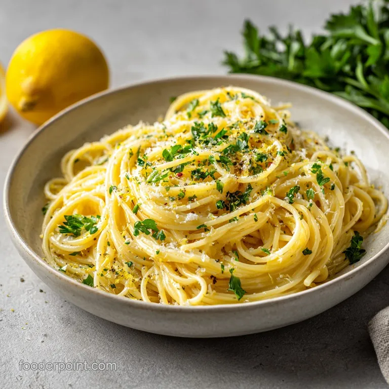 Elegant twirls of lemon pasta on a white plate, bright lemon zest sprinkled on top, hints of parmesan cheese.