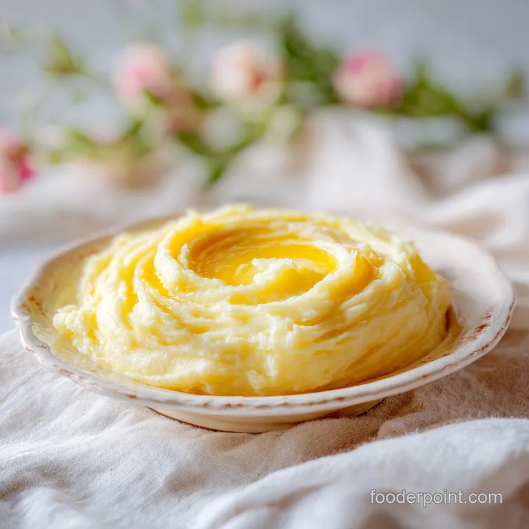 A fluffy mound of pale yellow potatoes on a ceramic plate, drizzled with melted butter and a pinch of green herbs.