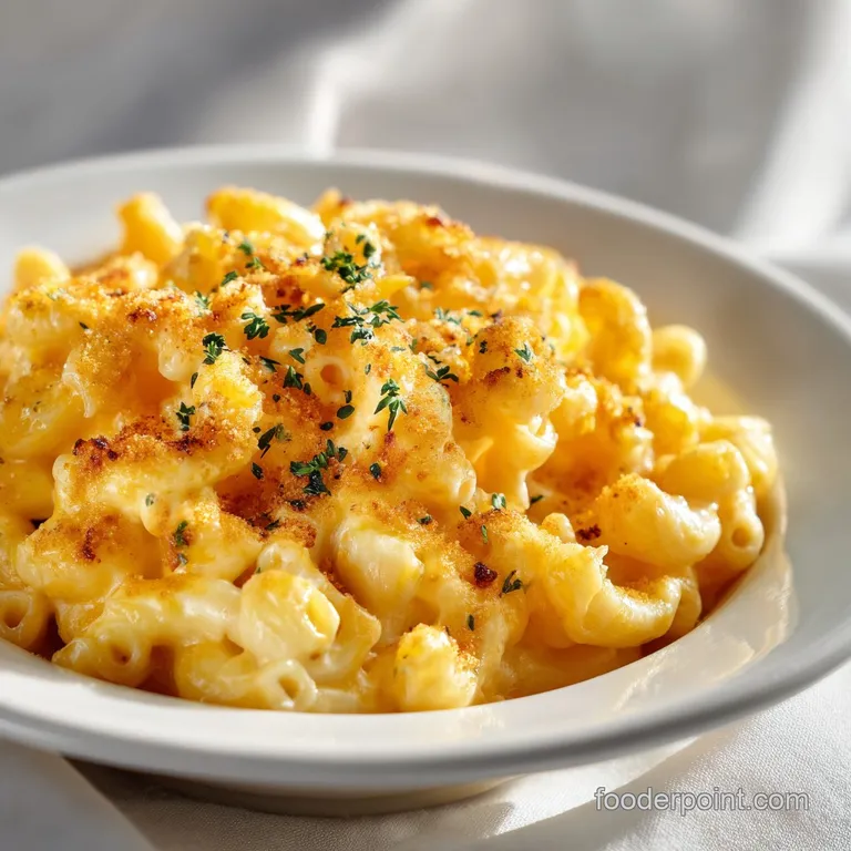 A swirl of bright orange mac and cheese elegantly plated, with a sprinkle of chives and a side of crusty bread.