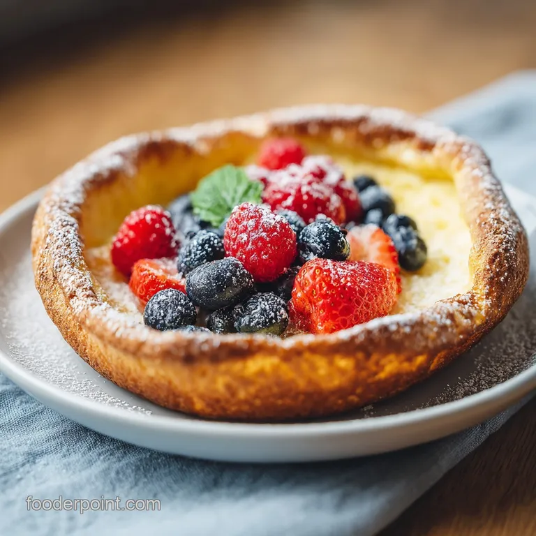 Fluffy baked pancake, puffed high, topped with glistening berries and a sprinkle of powdered sugar.