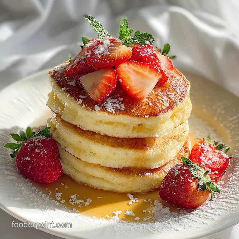 Tall stack of fluffy pancakes, berries cascading down the sides, drizzled with honey, mint sprig on top.