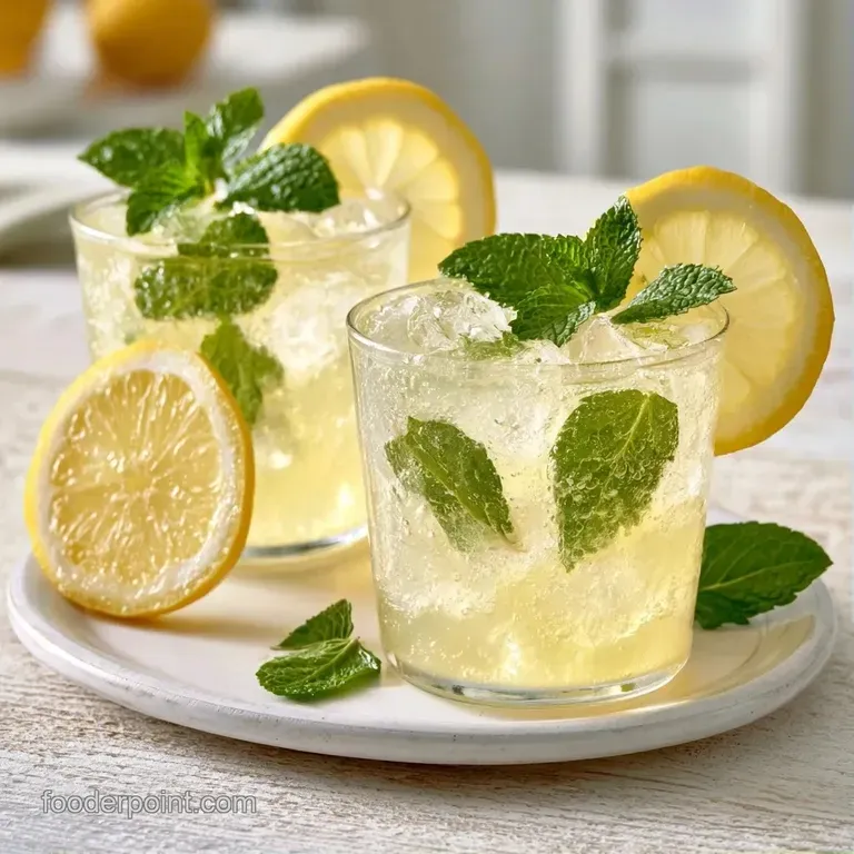A tall frosted glass of pale yellow drink, topped with a vibrant mint leaf and a thin, juicy lemon slice.