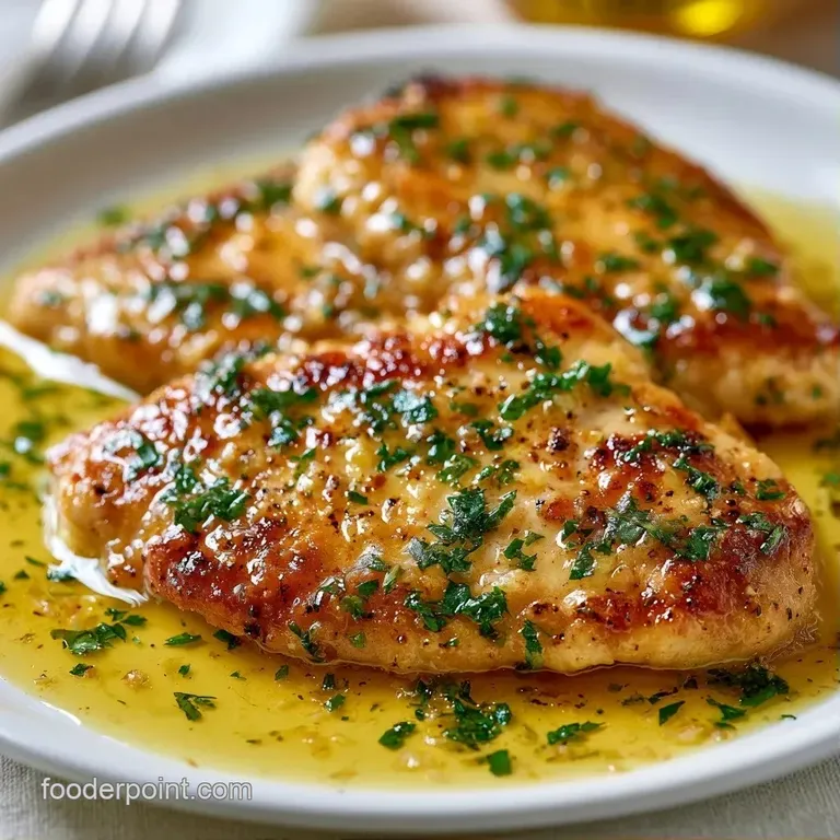 Tender golden chicken fillets resting on a white plate, drizzled with melted butter and topped with chopped parsley.