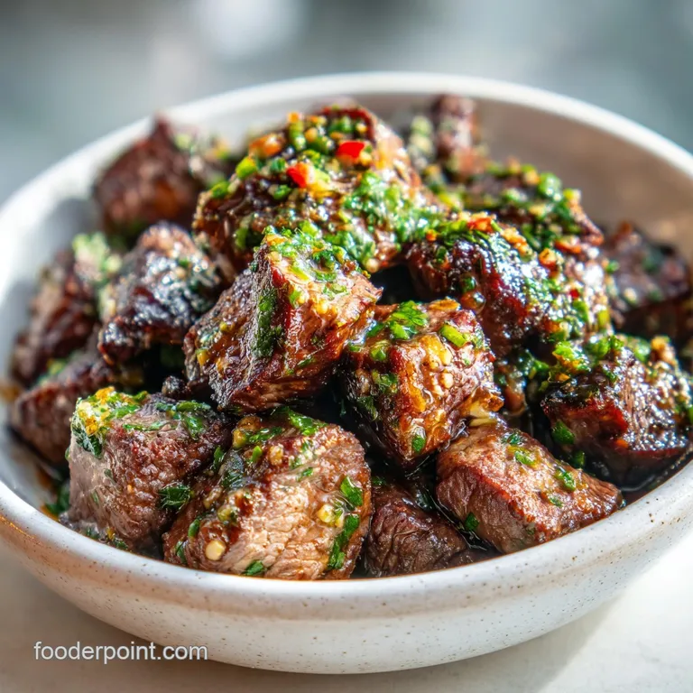 Perfectly seared steak bites glistening with garlic butter are skewered and elegantly arranged on a white plate.