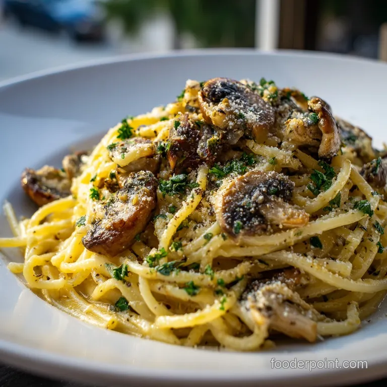 Elegant plate of twirled pasta, featuring tender mushrooms and fragrant garlic. A vibrant sprinkle of parsley adds freshness.