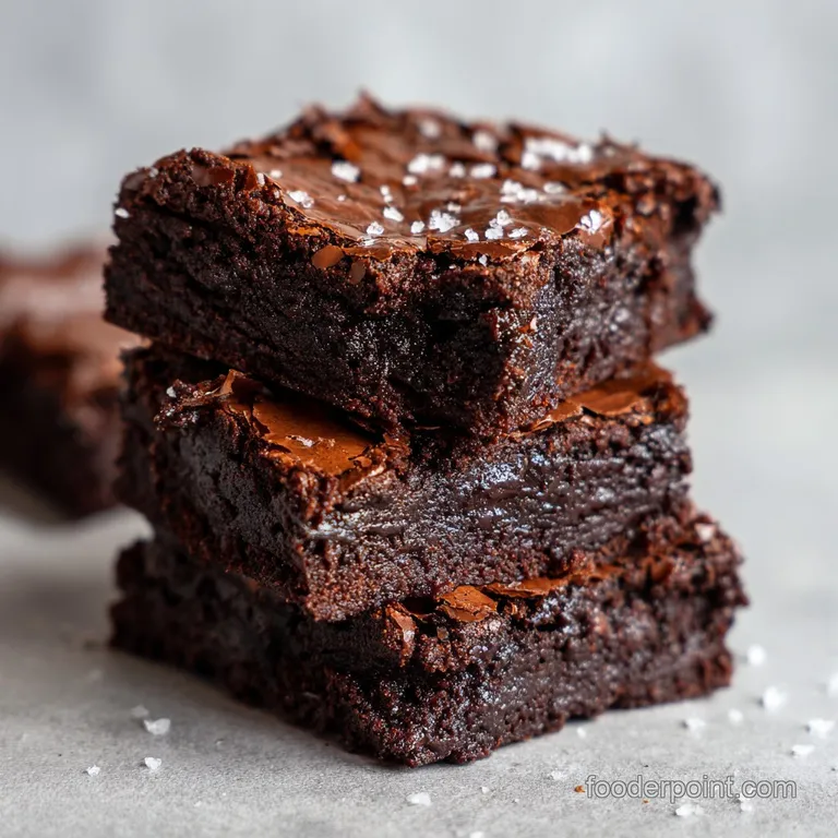 A trio of fudgy brownies artfully arranged on a white plate, dusted with cocoa powder.