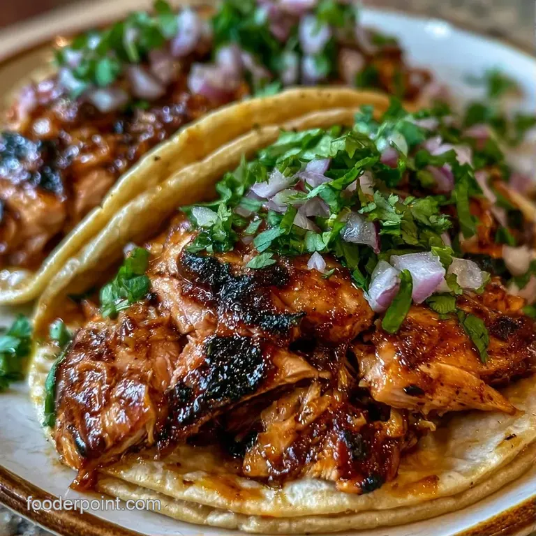 Three soft tortillas filled with golden chicken, topped with sliced avocado and sprigs of fresh green cilantro.