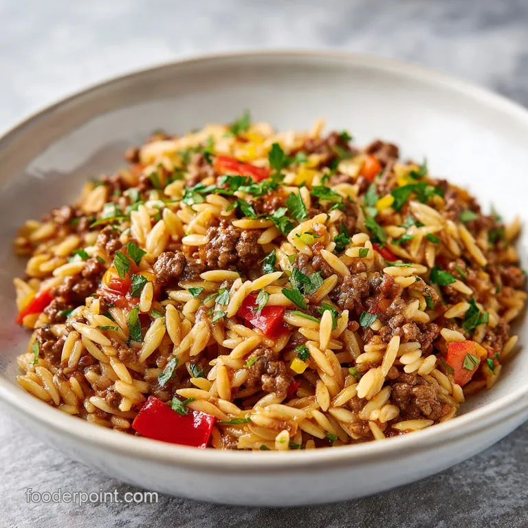 A swirl of glistening orzo pasta and savory ground beef, artfully plated and garnished with herbs, offering a delicious in...