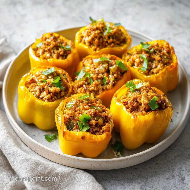 Stuffed bell pepper halves, bursting with filling, arranged elegantly on a plate, hinting at a warm, comforting meal. Red ...