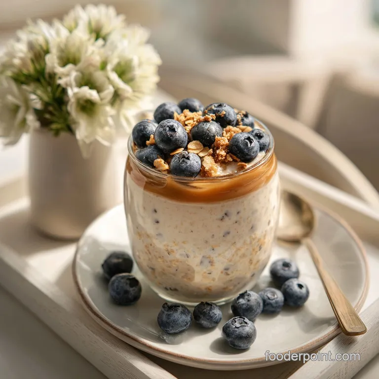 Layered overnight oats in a glass jar: chia seeds, oats, yogurt, topped with fresh fruit, creating an appealing visual.