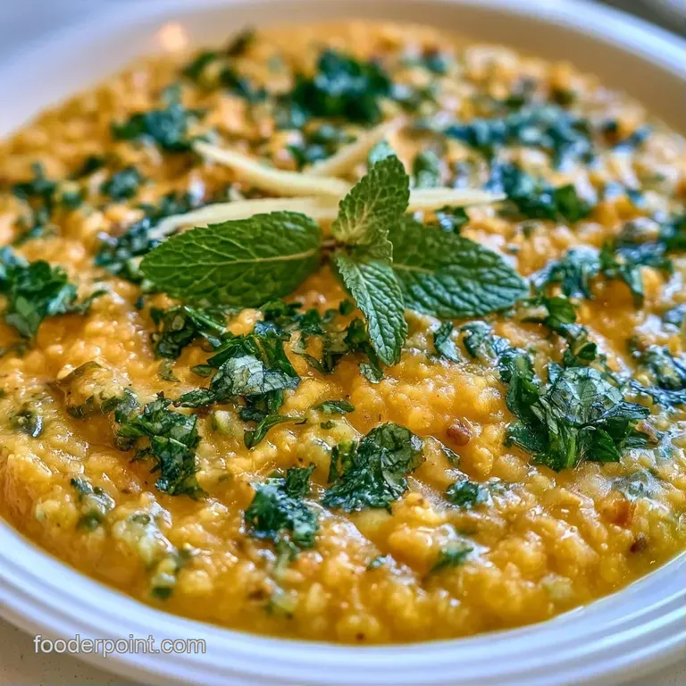 Creamy yellow lentils in a white bowl, paired with fluffy basmati rice and a sprig of fresh mint on a wooden table.
