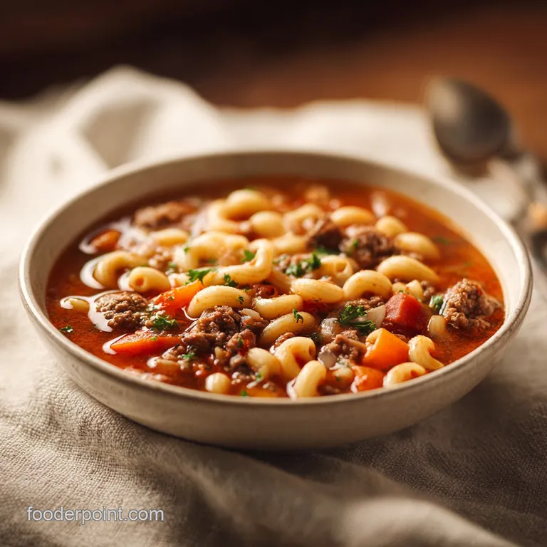 A rustic bowl brimming with steaming, savory macaroni soup, showcasing tender beef and colorful veggies.