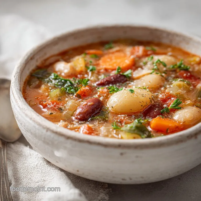 A steaming bowl of minestrone, showcasing colorful diced vegetables and herbs, served with crusty bread.
