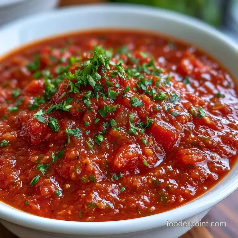 Vibrant red tomato sauce draped over al dente pasta, topped with a fresh green basil leaf and a drizzle of oil.