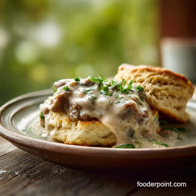A split biscuit, glistening with rich, white gravy loaded with browned sausage crumbles. Steaming, appetizing, and ready t...