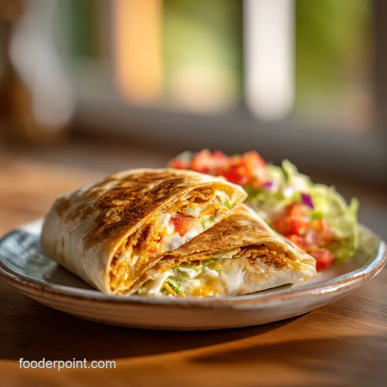 Tightly folded, golden-brown tortilla shell sliced in half, revealing vibrant layers of seasoned beef and fresh greens.