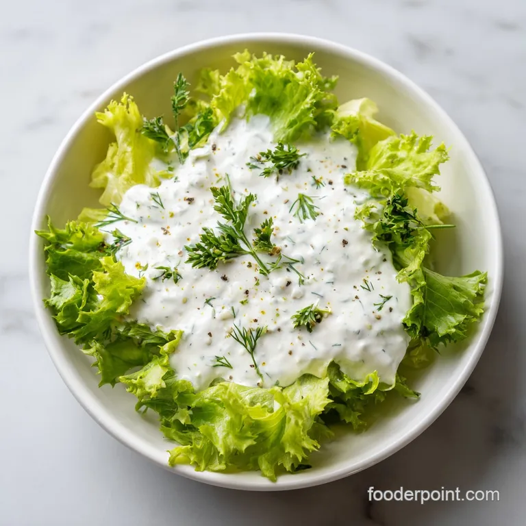 A drizzle of thick, herbaceous ranch dressing coats crisp green lettuce, creating a vibrant and appetizing salad.