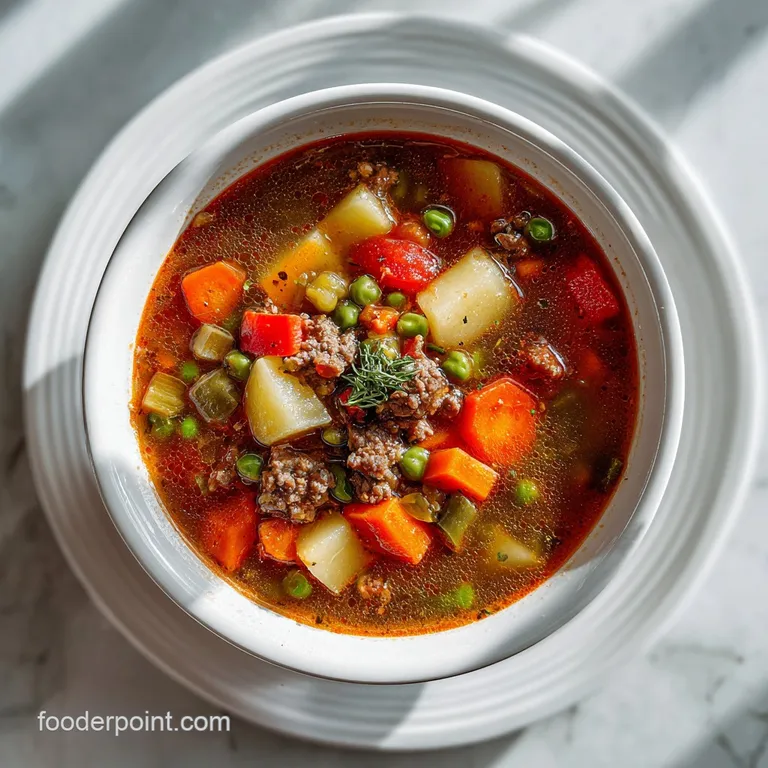 Steaming bowl of vegetable beef soup: garnished with fresh parsley, ready to be eaten. Rustic presentation.