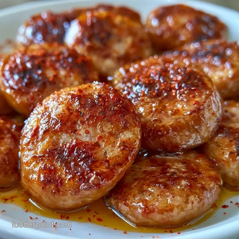 Neatly arranged browned sausage rounds on a matte white plate, garnished with bright green herbs and lemon.