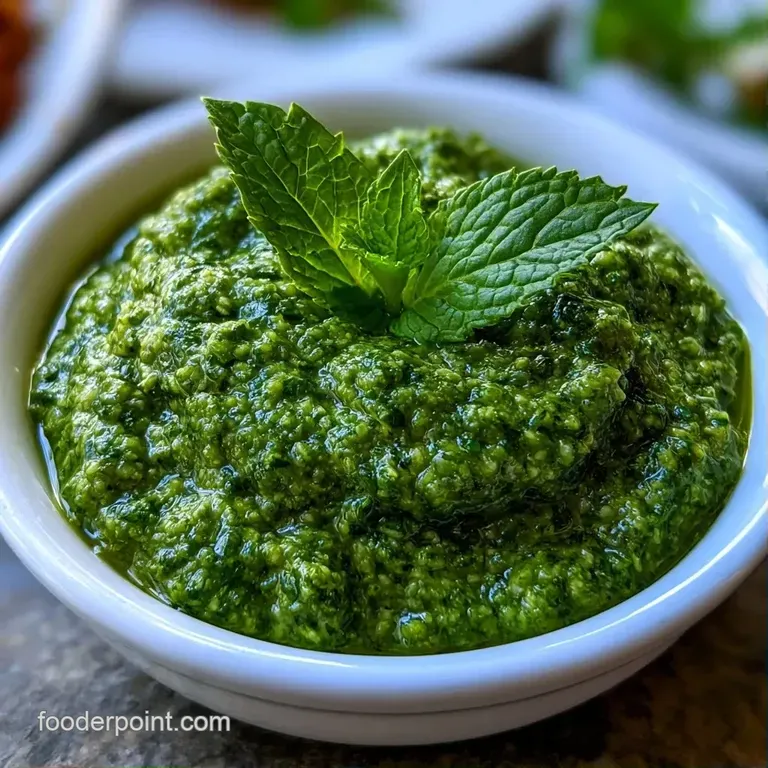 Bright green dip in a small glass bowl surrounded by crisp papadums and sliced cucumbers on a dark slate.