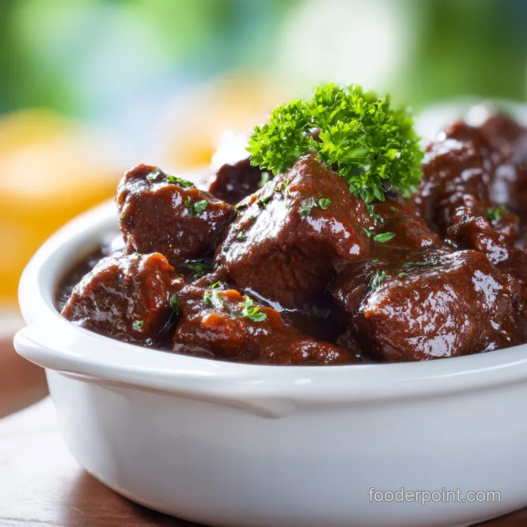 Thick brown stew served in a white ceramic bowl, garnished with chopped parsley and side of crusty sourdough bread.