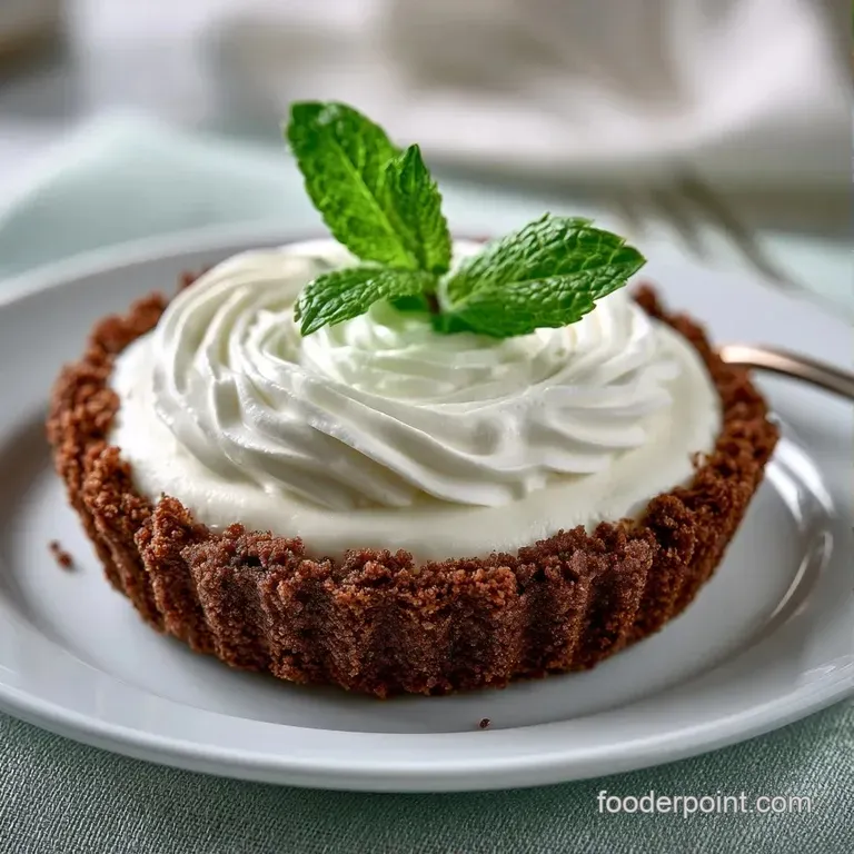 Elegant glass dish filled with layered dark chocolate and mint cream, garnished with a bright green mint sprig.