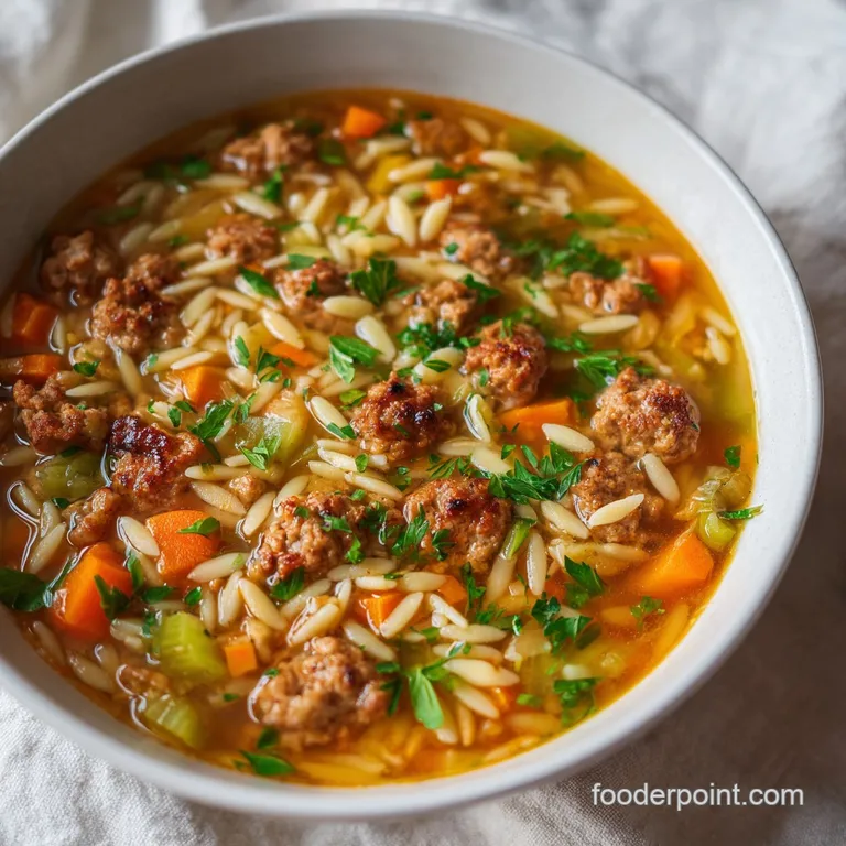 Elegant white bowl of creamy broth and savory sausage, topped with melted parmesan and a sprig of fresh parsley.