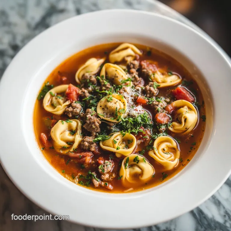 A steaming bowl of golden broth with plump tortellini and browned sausage crumbles, garnished with fresh parsley and a swi...