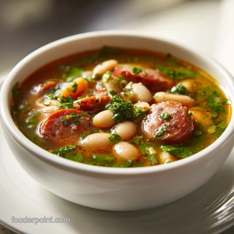 Creamy white bean soup served in a rustic bowl, topped with crusty bread and herbs. Sausage glistens with savory fat.