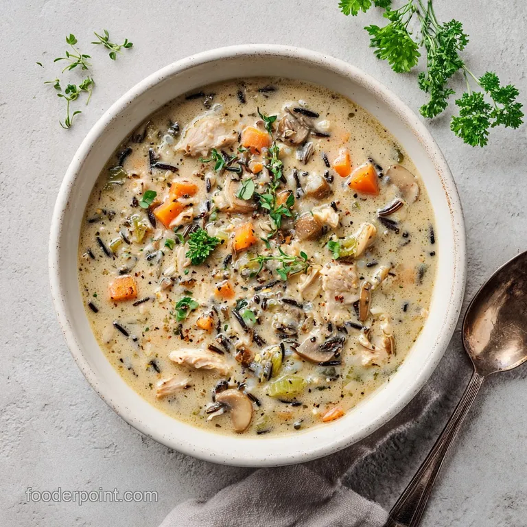 Earthy turkey wild rice soup in a rustic bowl, topped with fresh parsley and a swirl of cream. Warm & inviting.