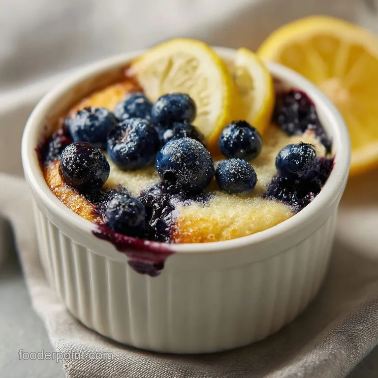 A warm, inviting slice of dump cake with a crumbly golden crust and bursting blue berries.