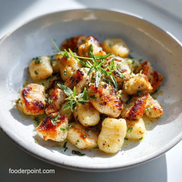 Perfectly plated gnocchi with glistening lemon sauce, juicy chicken, and fresh herbs create a light, appealing visual.