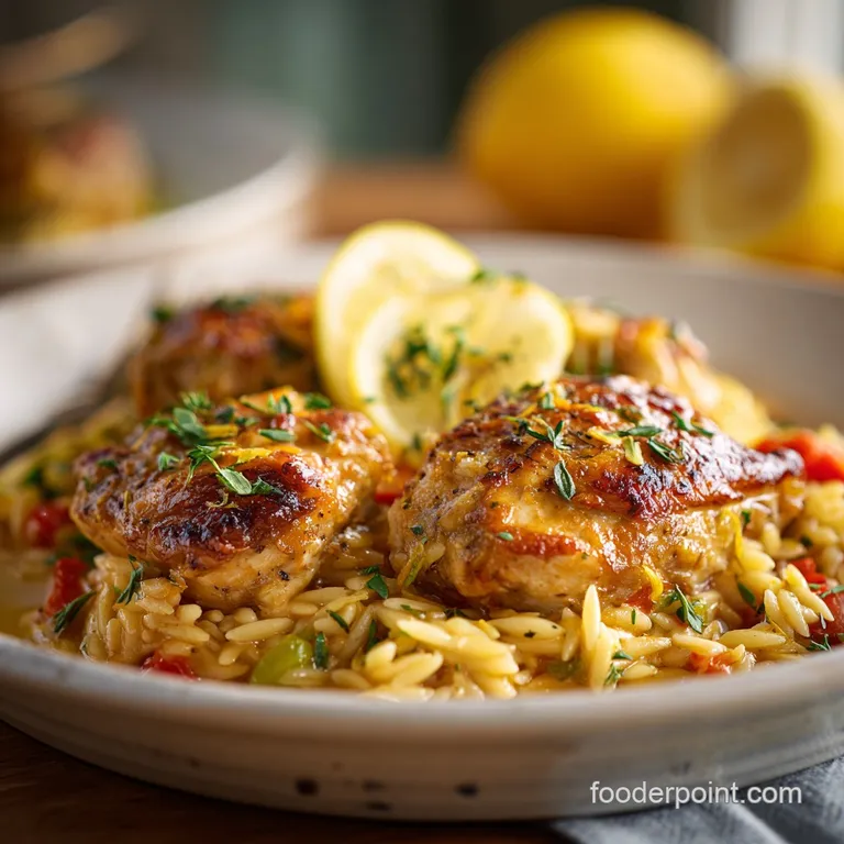 Elegant plate of lemon chicken orzo: Chicken and pasta with parsley. Sauce is gleaming, creating an appetizing, silky visual.