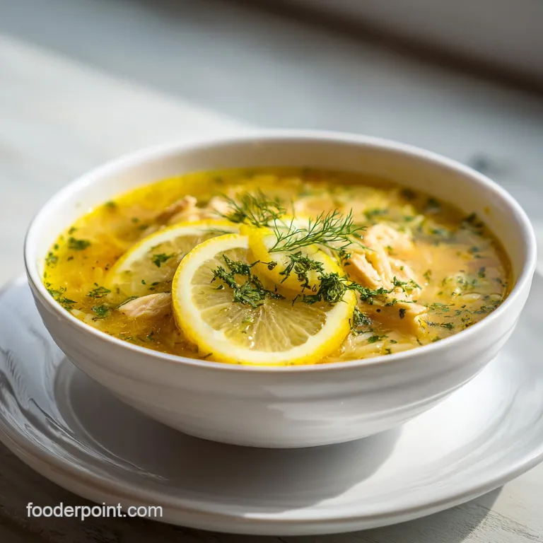 Elegant bowl of Lemon Chicken Orzo Soup. Glistening broth with a swirl of cream and fresh herbs, garnished with lemon slices.