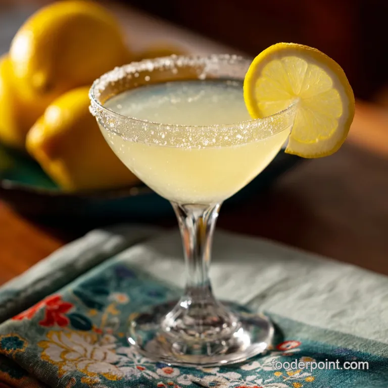 Elegant martini glass with a glistening sugar rim, showcasing the vibrant lemon-yellow liquid.