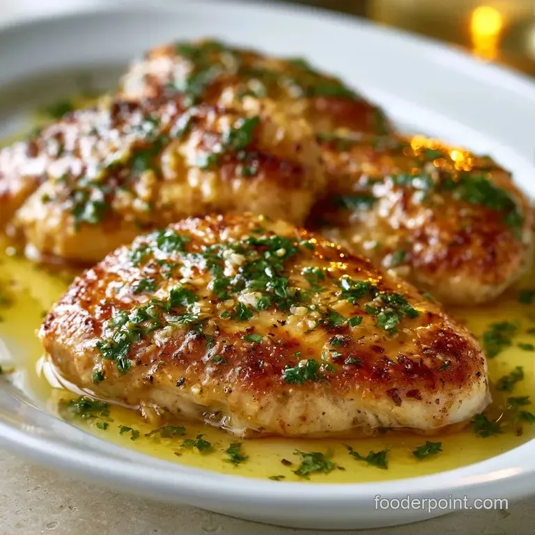 Seared chicken breasts on a white ceramic plate with bright lemon rounds and a drizzle of garlic butter sauce.