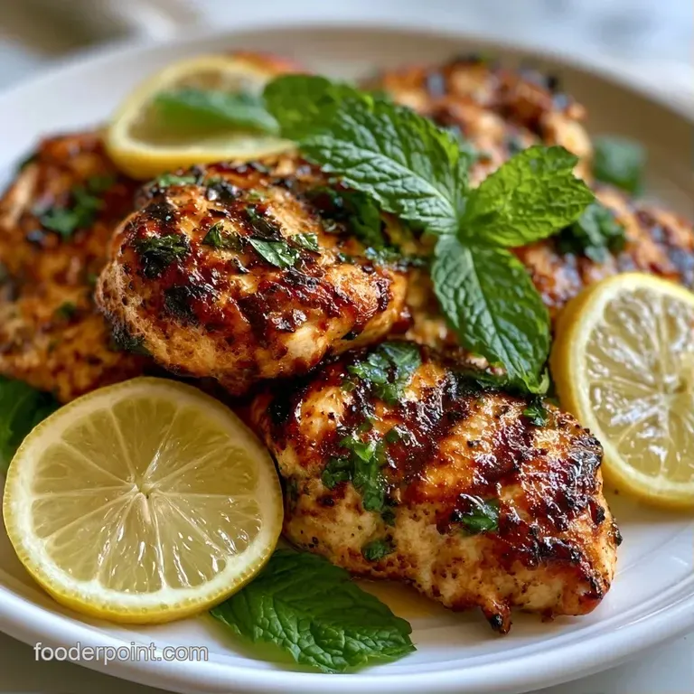 Sliced grilled poultry on a white ceramic plate with a drizzle of golden olive oil and sprigs of fresh mint.