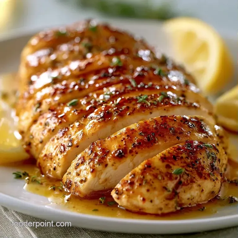 Sliced tender chicken breast arranged on a white ceramic plate with lemon wedges and a sprinkle of fresh green herbs.