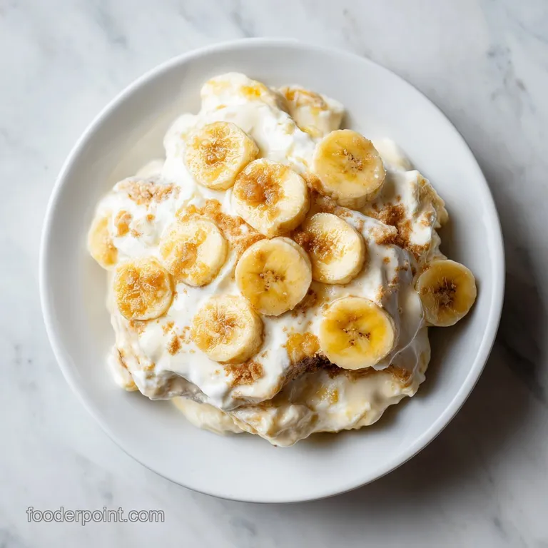A decadent scoop of banana pudding, topped with whipped cream and a fresh banana slice.