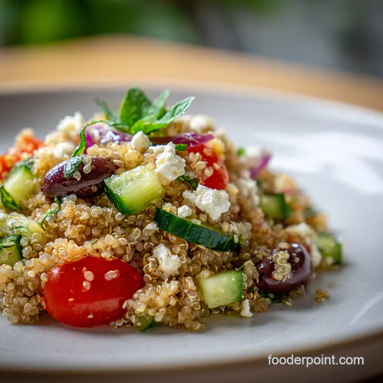 Mediterranean quinoa salad artfully arranged on a white plate, showing the diverse textures and bright, inviting colors of...
