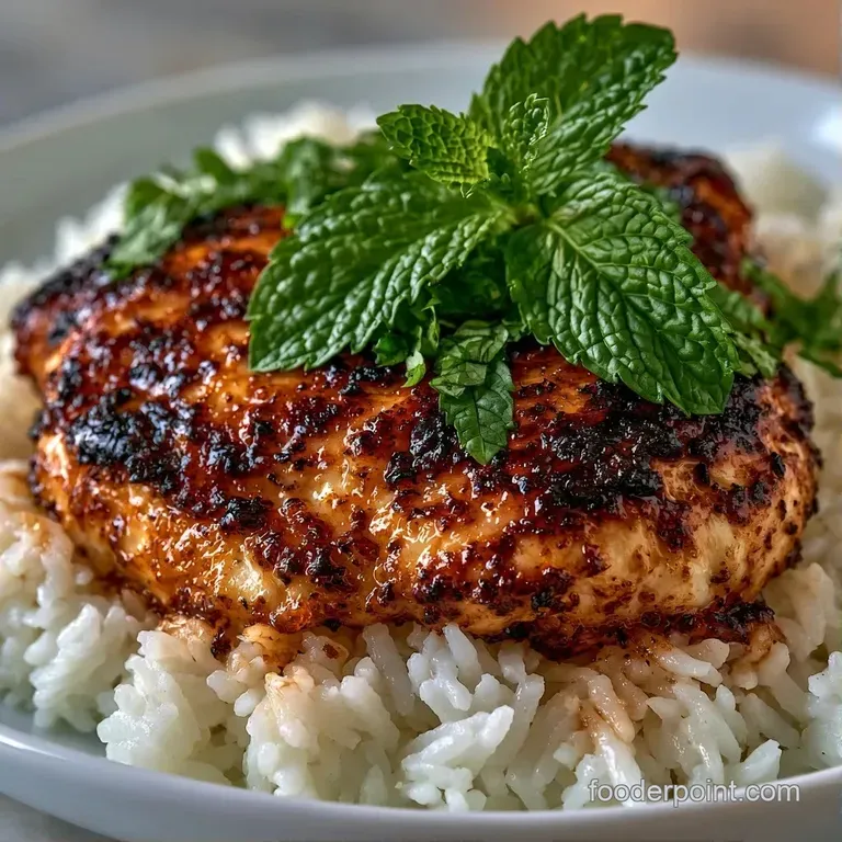 A polished white platter featuring mounded fluffy rice and seared chicken pieces garnished with bright mint leaves.