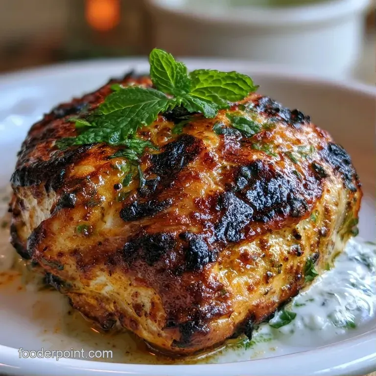 Sliced grilled chicken drizzled with a creamy pale green sauce and garnished with lime zest and fresh mint.