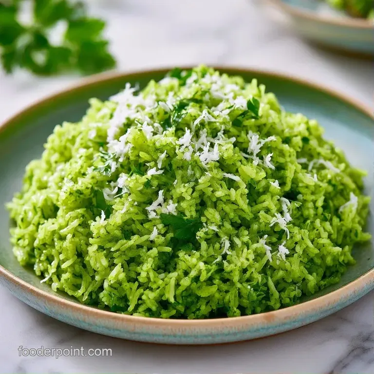 A white ceramic bowl of fluffy green grains topped with shredded coconut and a sprig of mint on a linen cloth.
