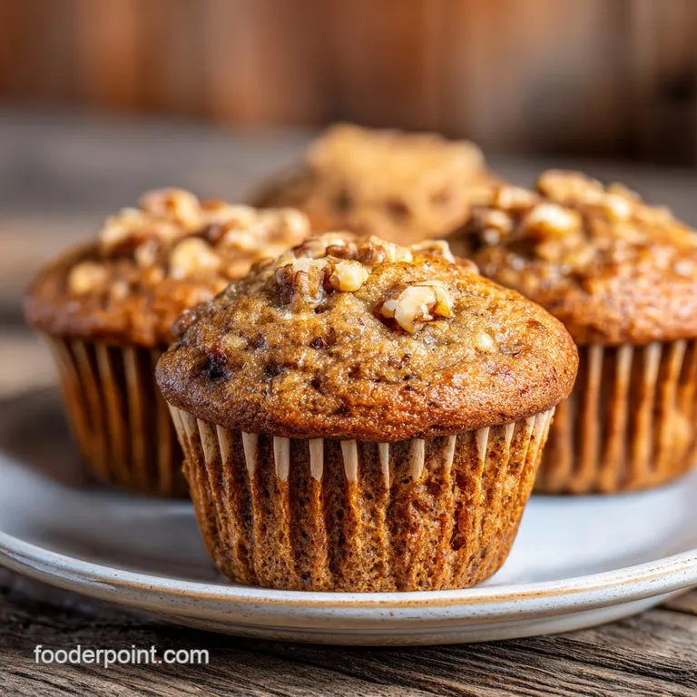 Three moist banana walnut muffins on a plate with a pat of melting butter. Warm, inviting, and ready to eat.