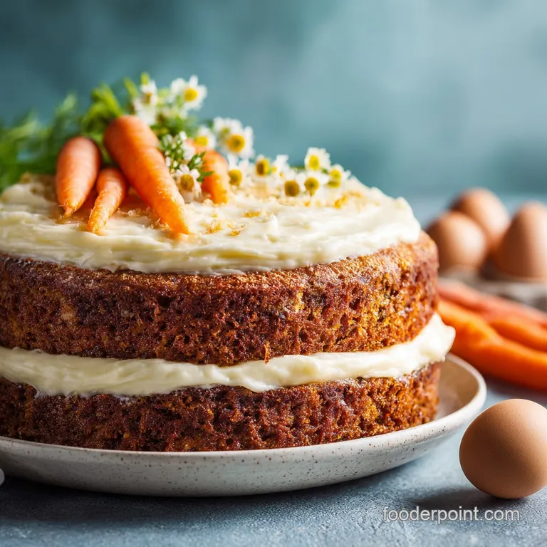 Elegant slice of carrot cake showing layers of moist cake, cream cheese frosting swirl, and sprinkle of candied carrots.