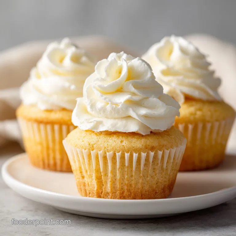 A single vanilla cupcake with tall, piped frosting. Light reflects off the glossy frosting with a dusting of colorful spri...