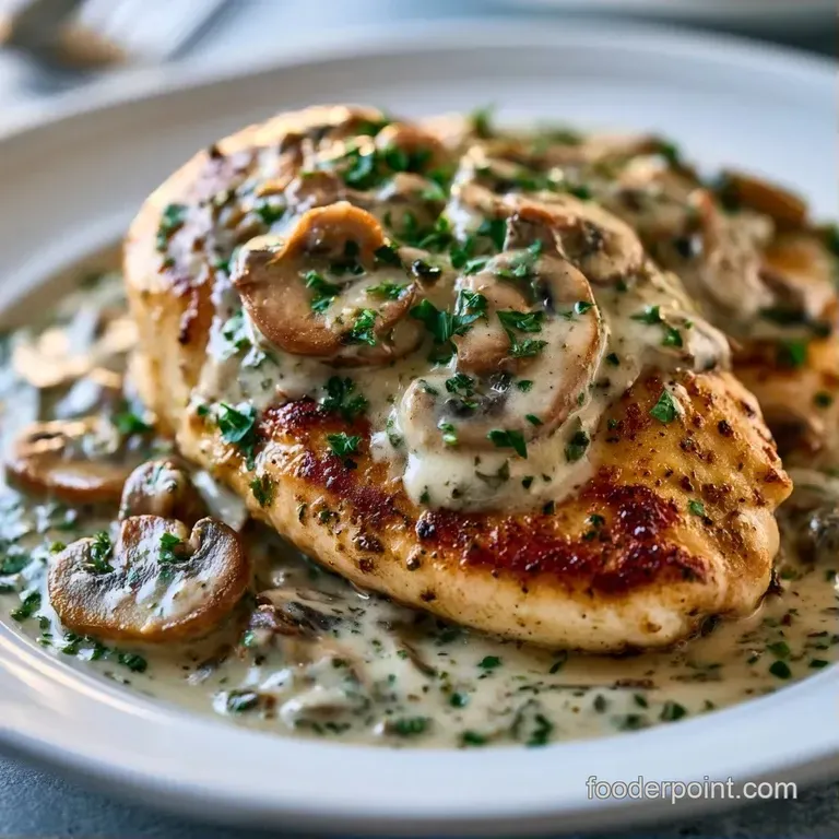 A white porcelain plate featuring tender chicken breasts draped in a glossy cream sauce with saut&eacute;ed mushrooms.